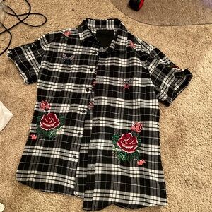 Black and White Plaid Men's Shirt with Floral Embroidery